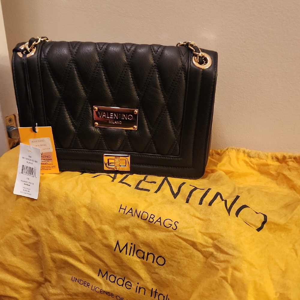 NWT Authentic Mario Valentino Black Leather Quilted Shoulder Bag